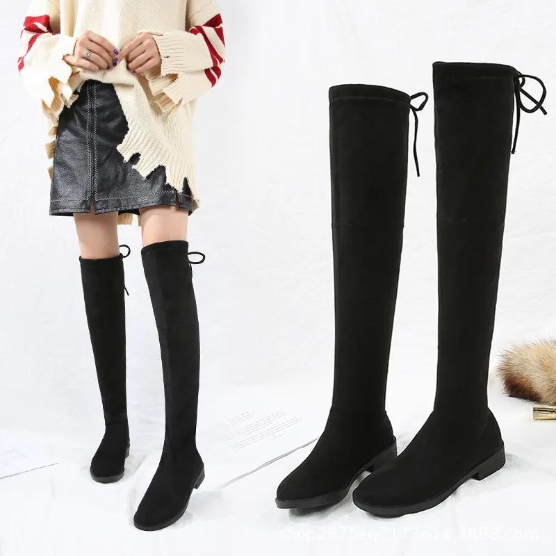 2022 Winter Over The Knee Stretch Boots Womens Fashion Thick Heel Mid-heel Boots Plus Velvet Warm High Tube Flat Ski